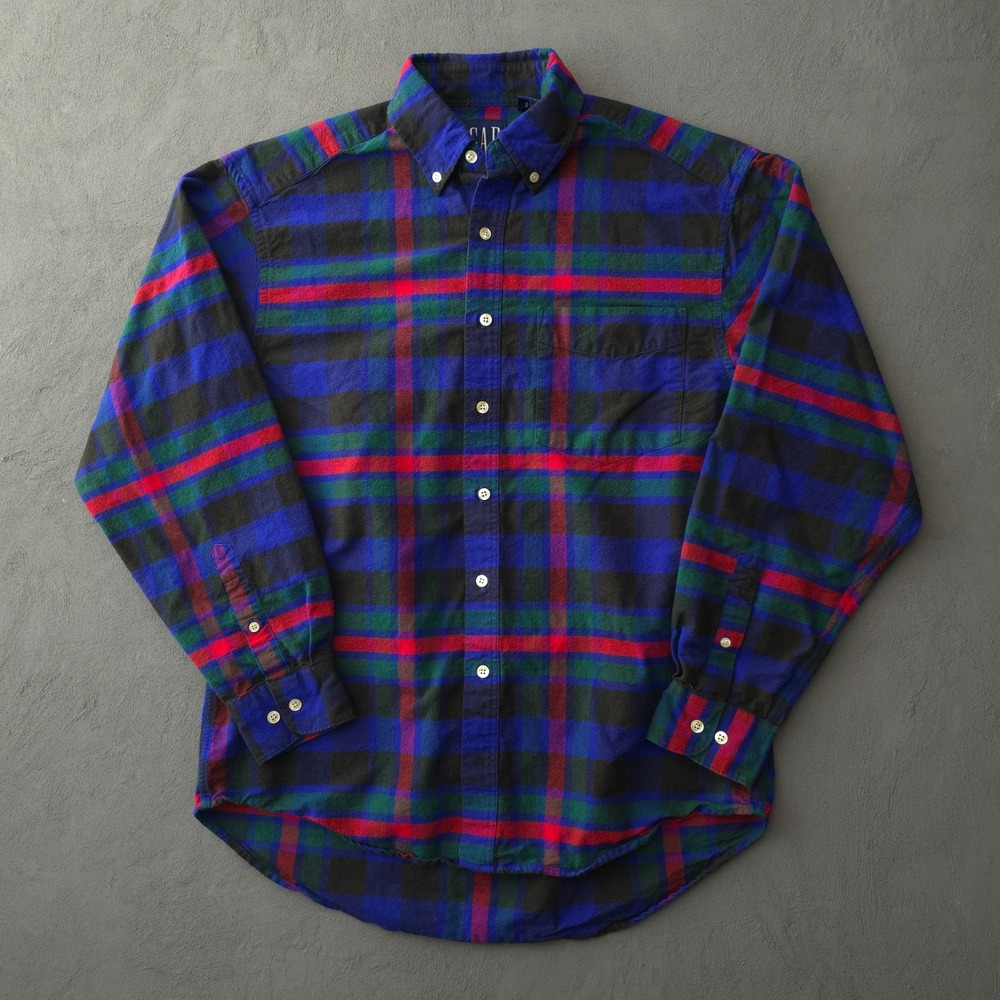 Vintage 90s GAP Flannel Button Down Shirt Medium Blue Plaid Long Sleeve GAP